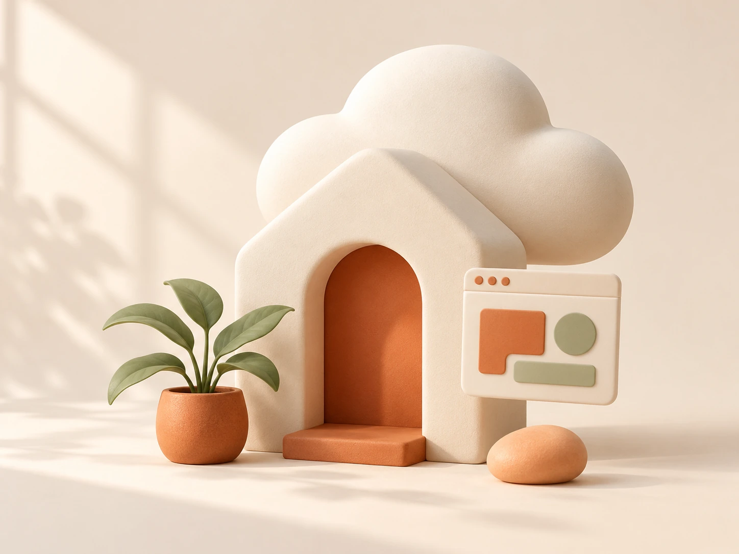 Uma casa e uma nuvem em cerâmica clara, com uma janela de site e uma planta em tons quentes.